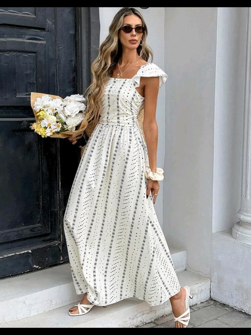 White Square-Neck Maxi Dress with Subtle Stripe Print NWOT - Picture 3 of 4